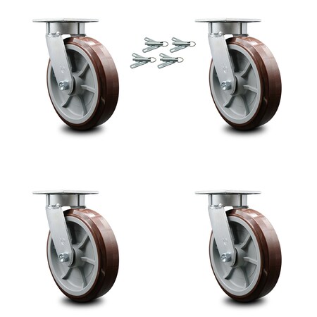 Service Caster 8 Inch Kingpinless Poly on Polyolefin Wheel Swivel Caster Set with Swivel Lock SCC-KP30S820-PPUR-BSL-4